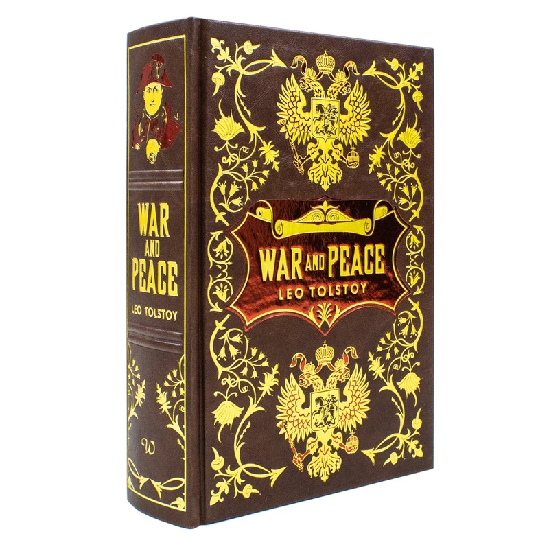 War and Peace by Leo Tolstoy – A classic leather bound edition of the monumental novel exploring war, love, and societys impact in 19th century Russia