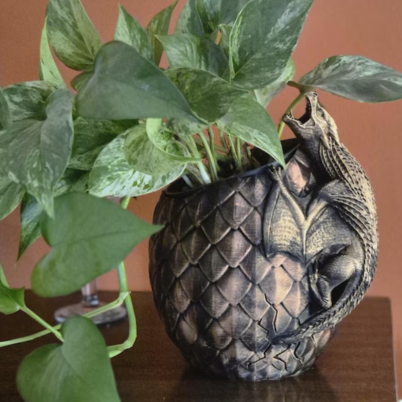Bookshelf Decor – Dragon Egg Planter with Perched Dragon