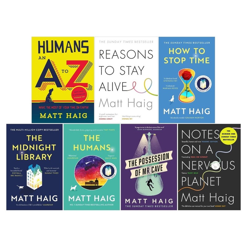 Matt Haig Collection 7 Books Set (The Humans, How to Stop Time, The Midnight Library, The Possession of Mr Cave, Notes on a Nervous Planet, Reasons to Stay Alive, Humans: An A-Z)