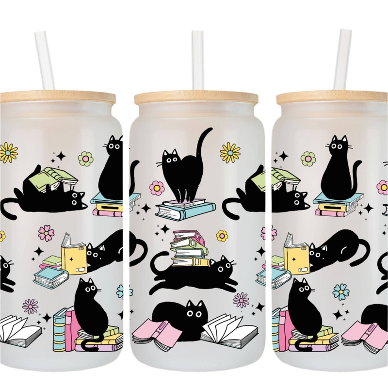 Glass Can – Black Cats with Books 16oz