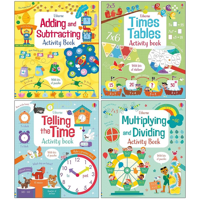 Usborne Maths Activity 4 Books Collection Set (Adding and Subtracting, Times Tables, Multiplying and Dividing & Telling the Time) (Maths Activity Book Pack)