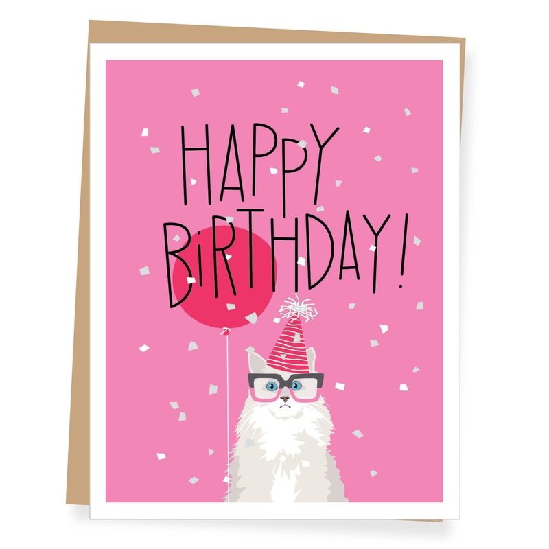 Greeting Card – White Cat Pink Balloon Birthday