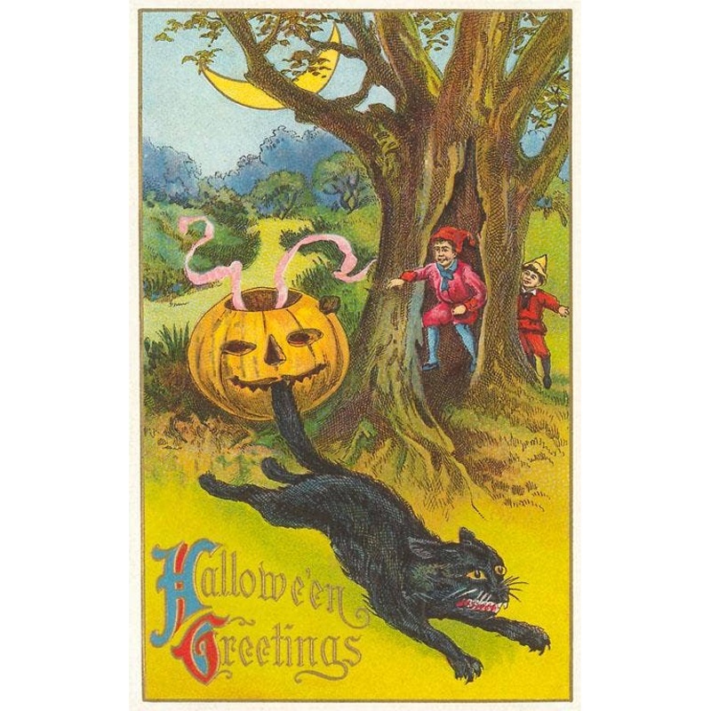 Found Image Press – Postcard HW-47 Halloween Greetings, Jack O’Lantern Biting Ca