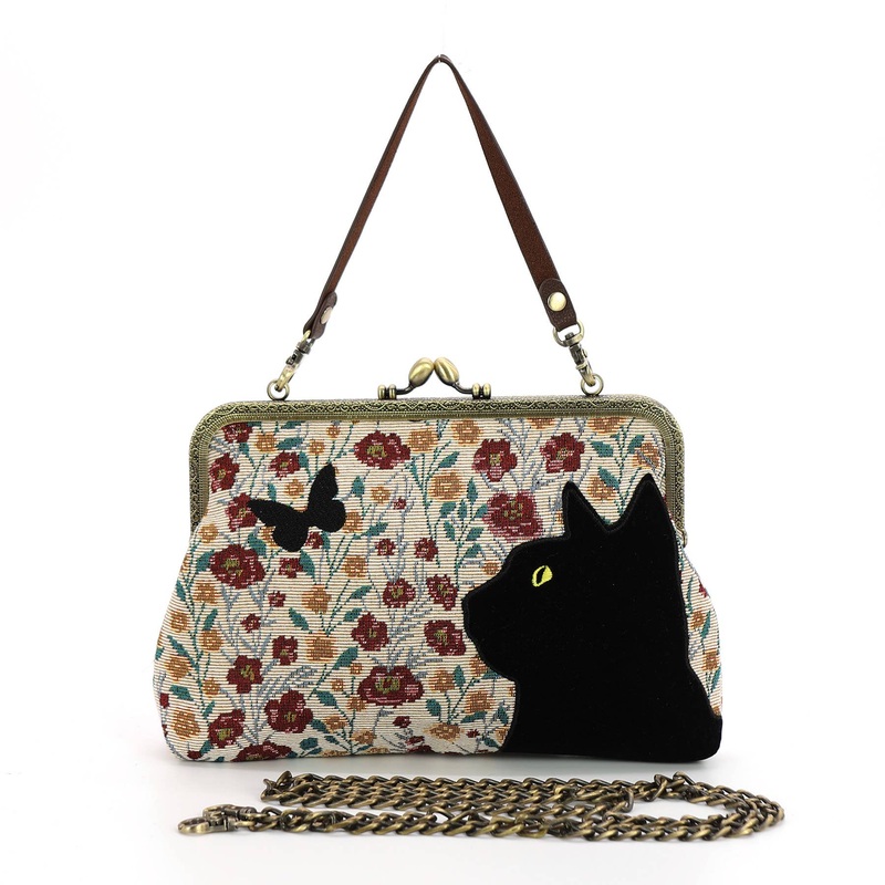COMECO INC – Floral Black Cat Kiss Lock Bag in Cotton Fabric