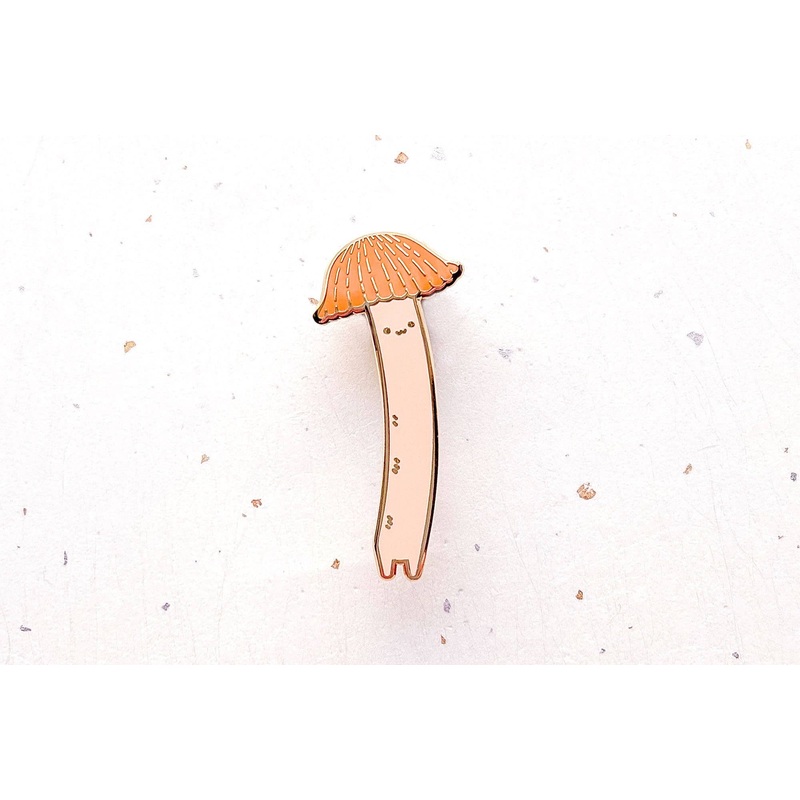 Alum and Ink – Chibi Orange Bonnet Mushroom (Mycena acicula) Enamel Pin: Rubber Pin Back