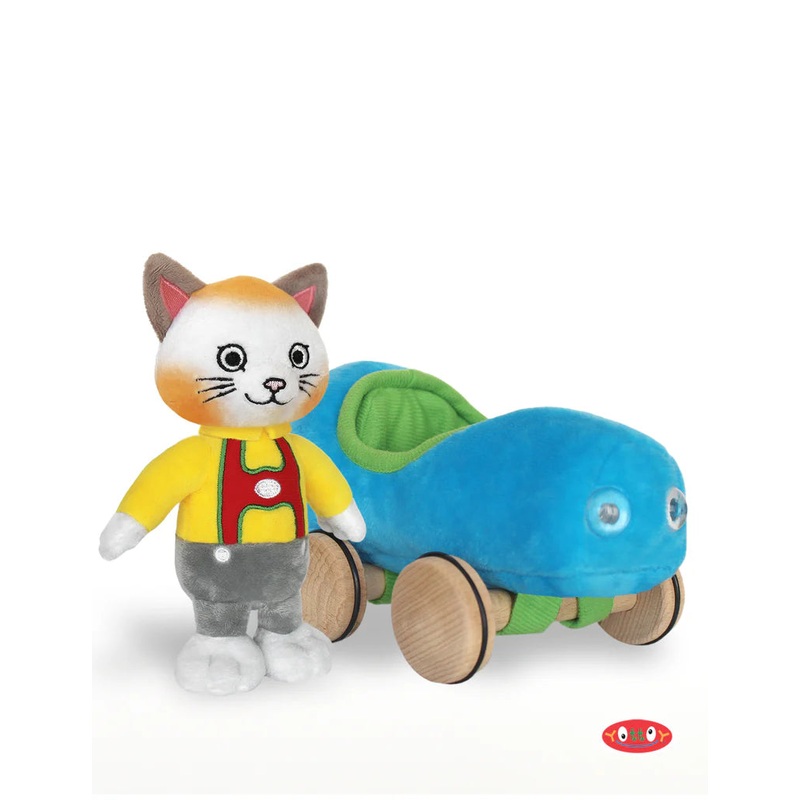 Huckle Cat Soft Toy with Blue Car