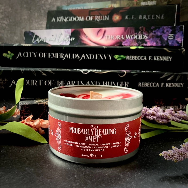 Candle – Probably Reading Smut Candle, Cinnamon Santal Amber: 6.5oz Candle Tin